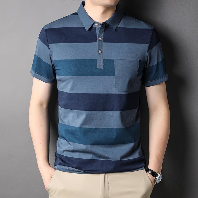 

Новая рубашка-поло, мужская тонкая хлопковая смесь с короткими рукавами, деловая полосатая повседневная летняя футболка с карманами 3XL