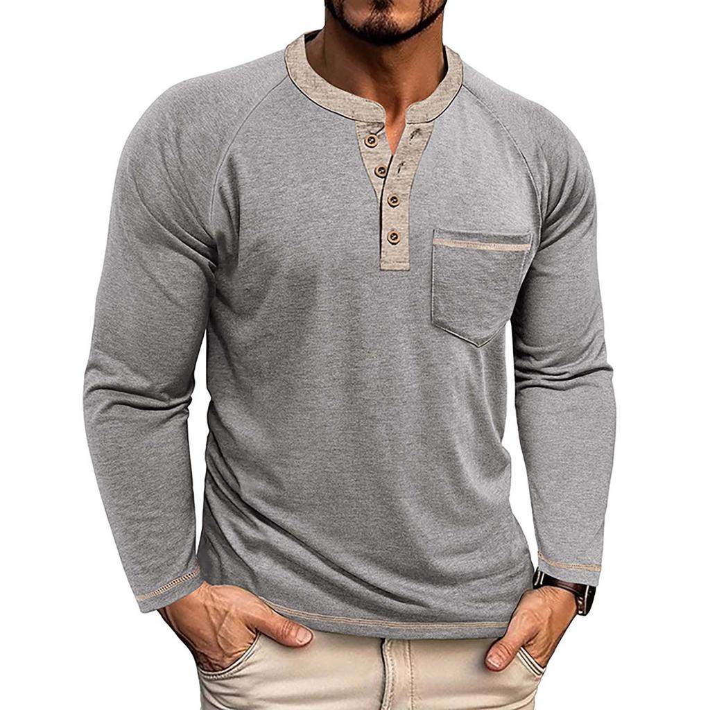 Men's Button Lapel Colored Cotton Long Sleeved Base Men's Top