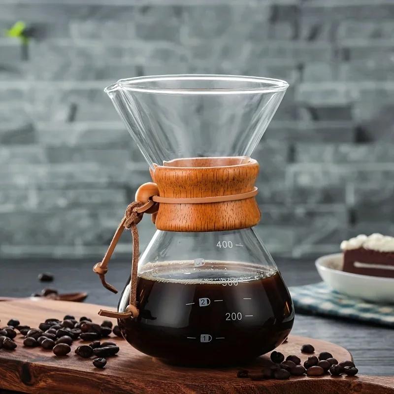 Borosilikatglas Pour Over Kaffeebereiter, 13,53 oz Hochtemperaturbeständiger Luftdichter Kessel mit Holzgriff Kaffeekanne