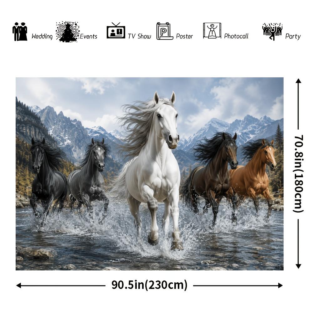 One 2D flag - a banner with a theme of galloping horses as the background, showing a group of horses galloping in a stream.