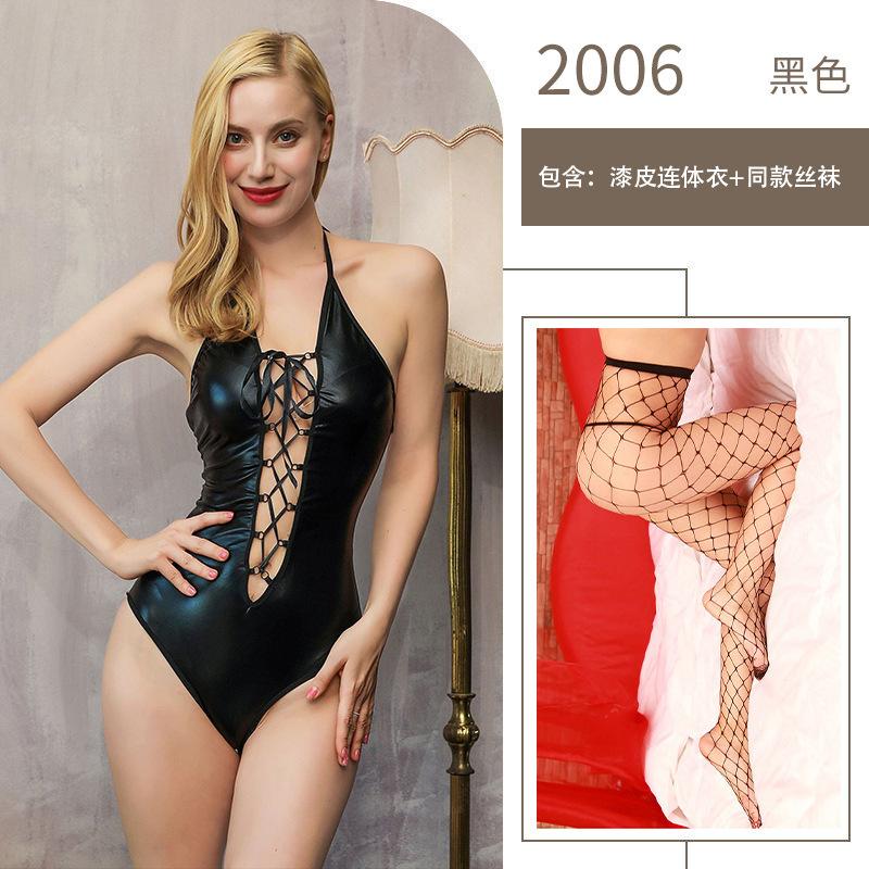 Sex Underwear One-piece Crotch Nightclub Performance Uniform Neck Strap Patent Leather Game Character Clothes