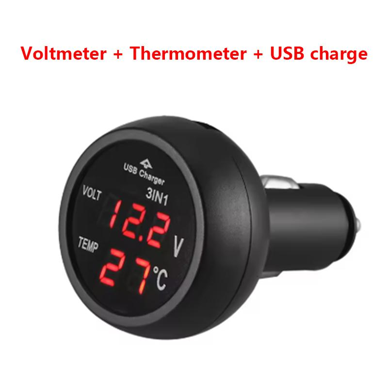 Car Charger 3in1 12/24V Voltmeter Thermometer USB Charger Switch Auto LED Digital Monitor Display Current Meter Volt Detector