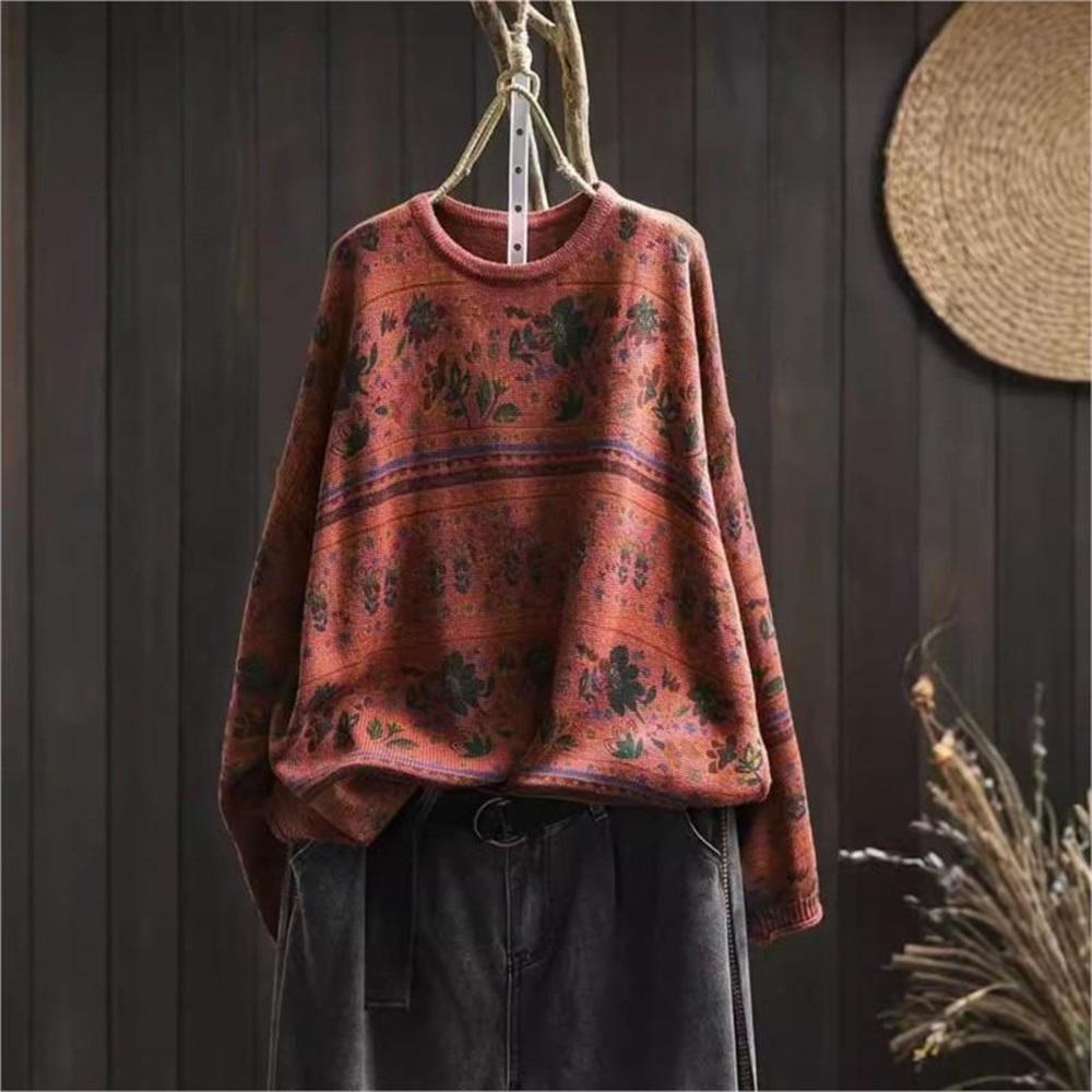 Woman Autumn Niche Vintage O-Neck Casual Loose Retro Sweater Chinese Style Long Sleeves Print Sweater