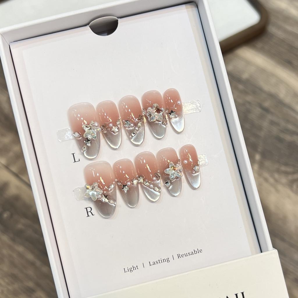 Summer Wear Armor Handmade Nude Blush Cat Eye French Flashing Star Diamond