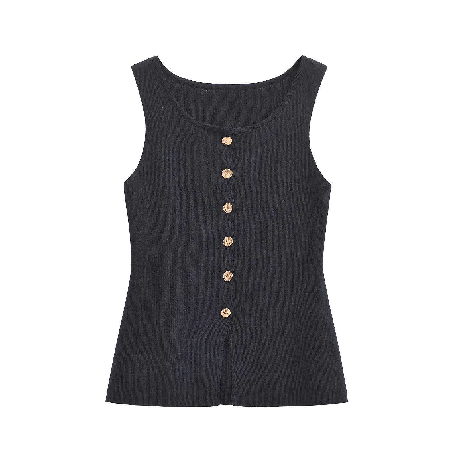 Europäischer & Amerikanischer Stil Damen Gold Doppelreihige Strickweste Large navy blau