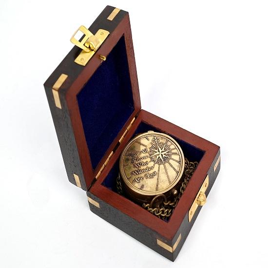 Not All Those Who Wander Are Lost Brass Gift Embossed Compass with Wood Case, Graduation Day Baptism Communion Confirmation Day Motivational Compass
