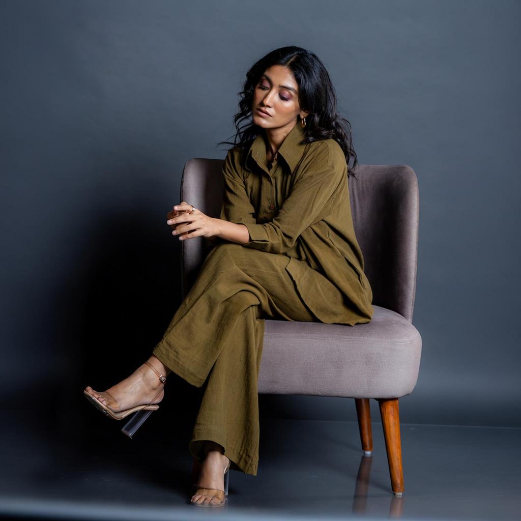 Women's Two Piece Set Made of Handwoven Cotton - Oversized Top and Wide Leg Trousers, Loose Fit Casual Outfit - Style 2