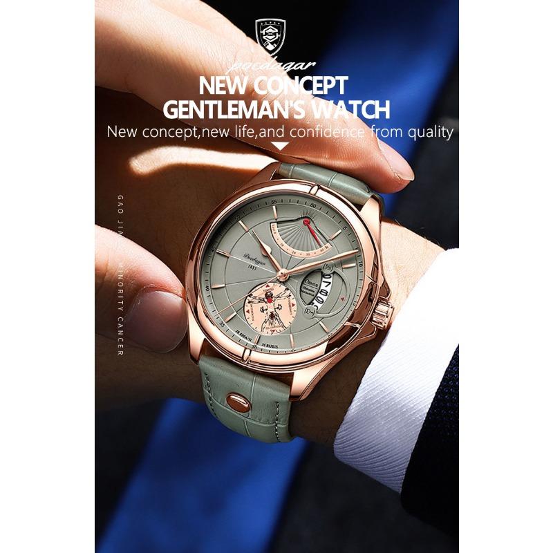 POEDAGAR Men Watch Fashion Top Luxury Sport Wristwatch Waterproof Luminous Leather Date Quartz Man Watches + Box