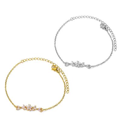 Exquisite Gold Tone Zirconia Bracelet With Flower And Leaf Accent Stylish Wrist Chain Jewelry For Special Event