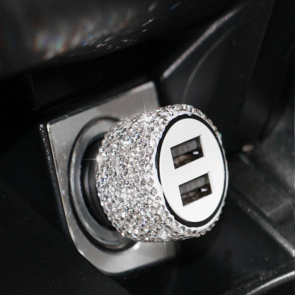 Dual USB Car Charger Bling Bling Handmade Rhinestones Crystal Car Decorations for Fast Charging Car Decors for iPhone/Samsung