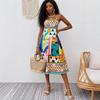Summer bohemian print suspender dress, holiday waist A word medium and long skirt