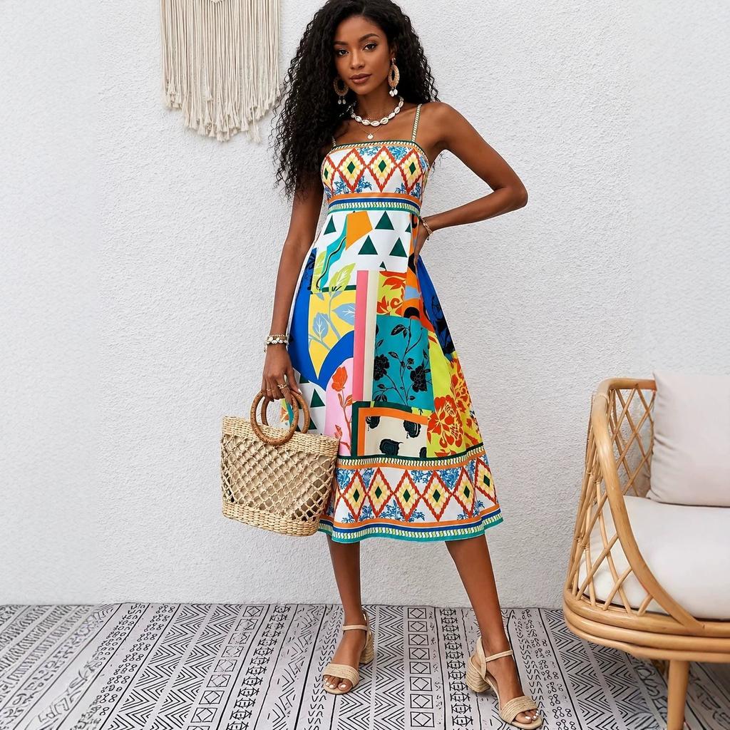 Summer bohemian print suspender dress, holiday waist A word medium and long skirt