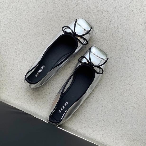 Ballet Style Splicing Small Square Head Shallow Mouth One Pedal Flat Bow Single Shoes Women's Leather