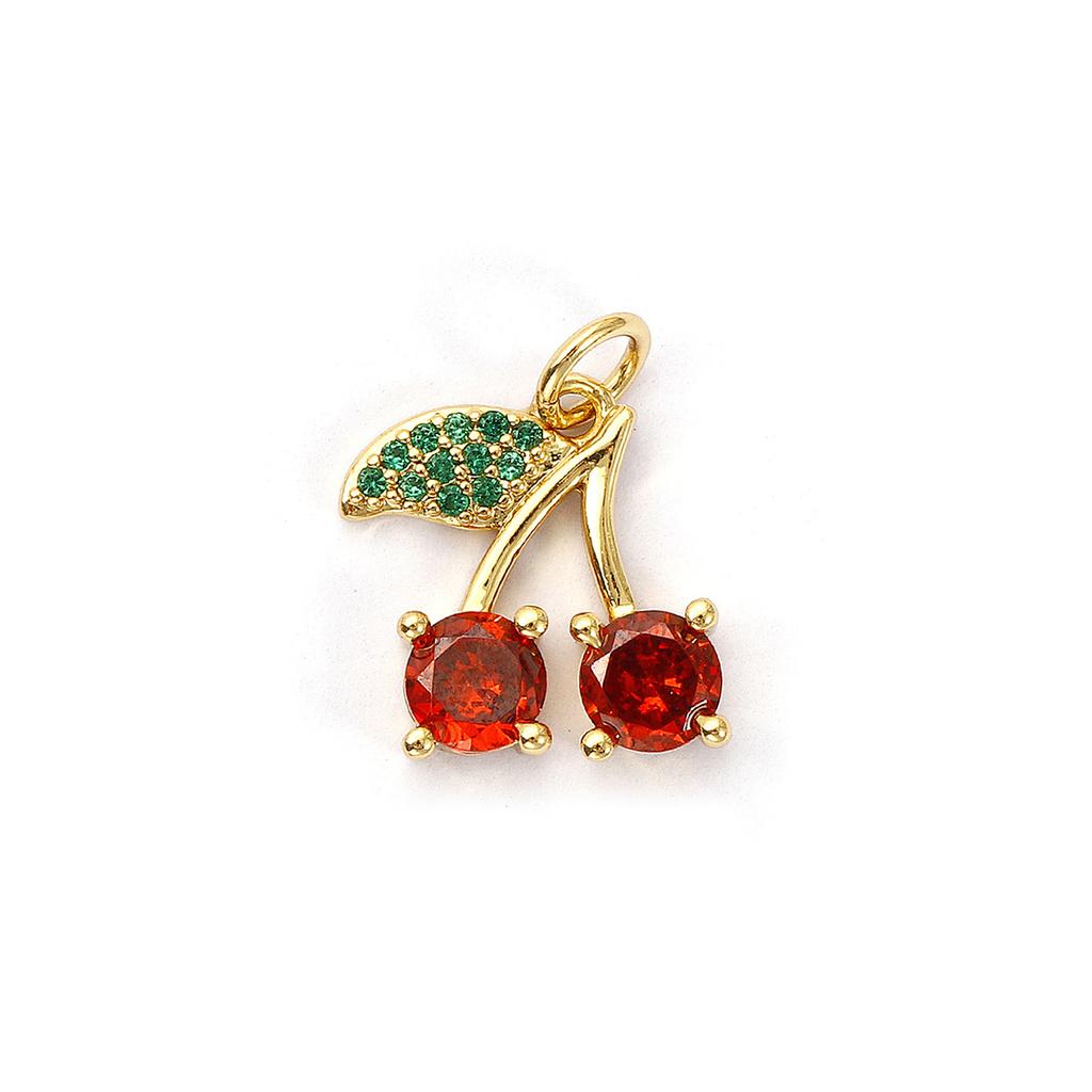 1 Piece Brass Charms 18K Gold Plated Red Cherry Fruit Cubic Zirconia Pendants For Necklace Bracelet Earrings Jewelry Making