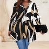 Women Plus Size V Neck Long Sleeve Abstract Print Irregular Hem Tunic Blouse Black White Khaki