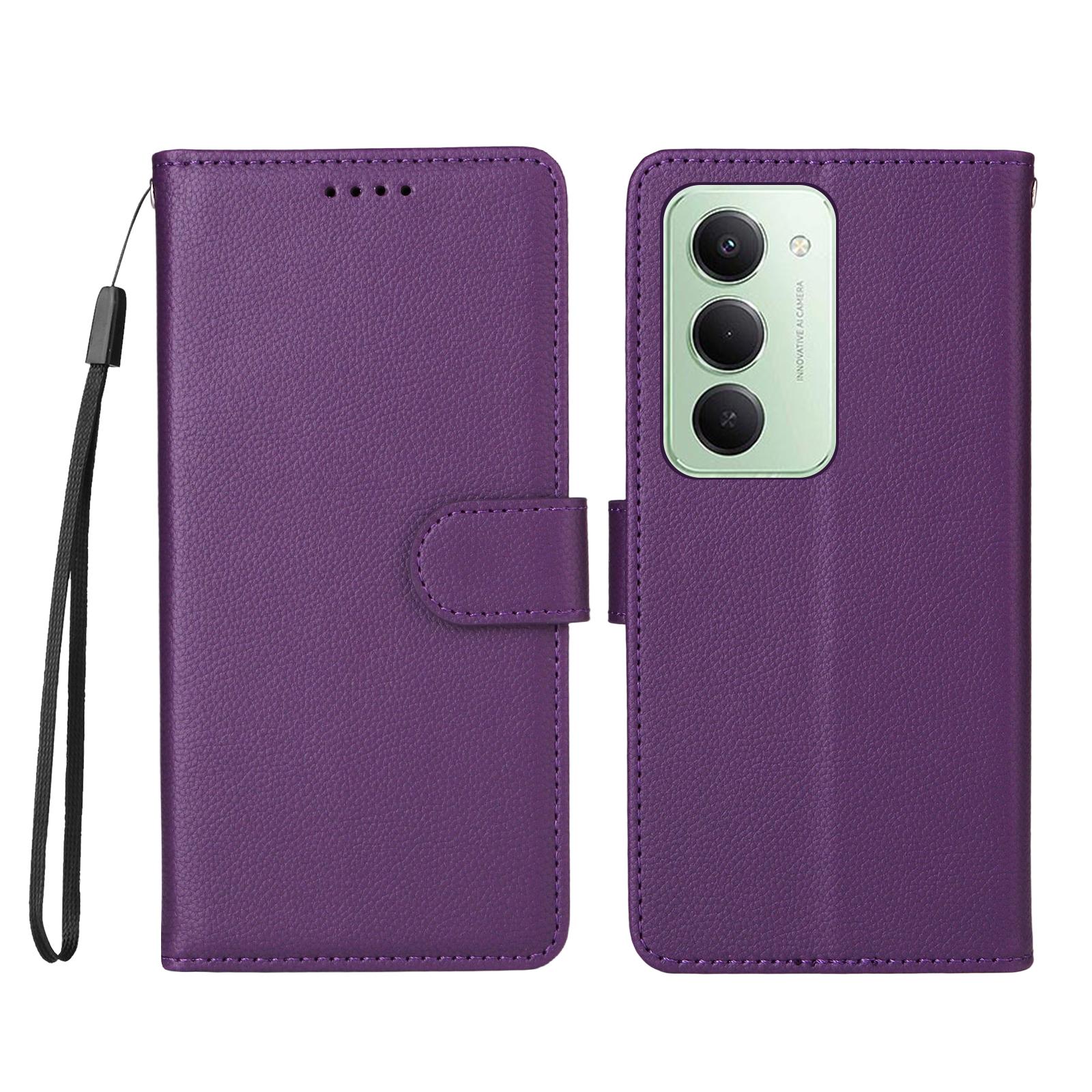 

For Xiaomi Redmi 15 5G Case RFID Blocking 3 Card Slots PU Leather Phone Cover with Wrist Strap Purple