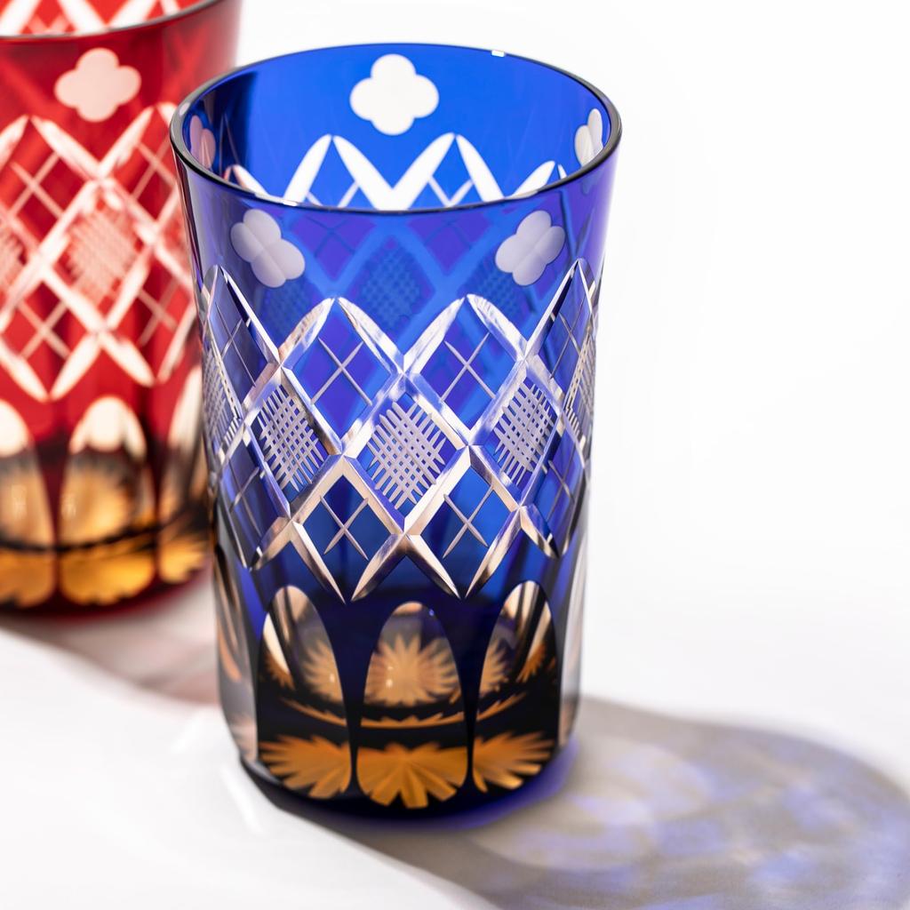 [Taimuro Workshop Official] Edo Kiriko Tumbler with Four-Leaf Clover and Yarai-Nanako Pattern (Amber Lapis Lazuli) TB94419AB, Wooden Box Included, Mad