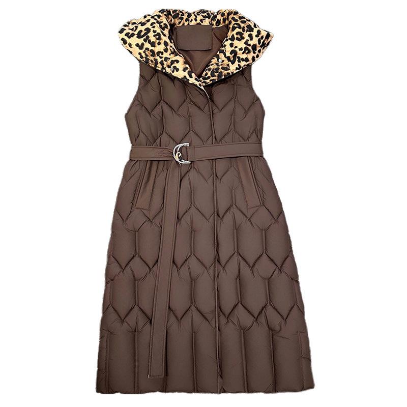 European and American leopard print plus slim-fitting hooded cotton vest to keep warm in autumn and winter women's long thin down cotton vest vest