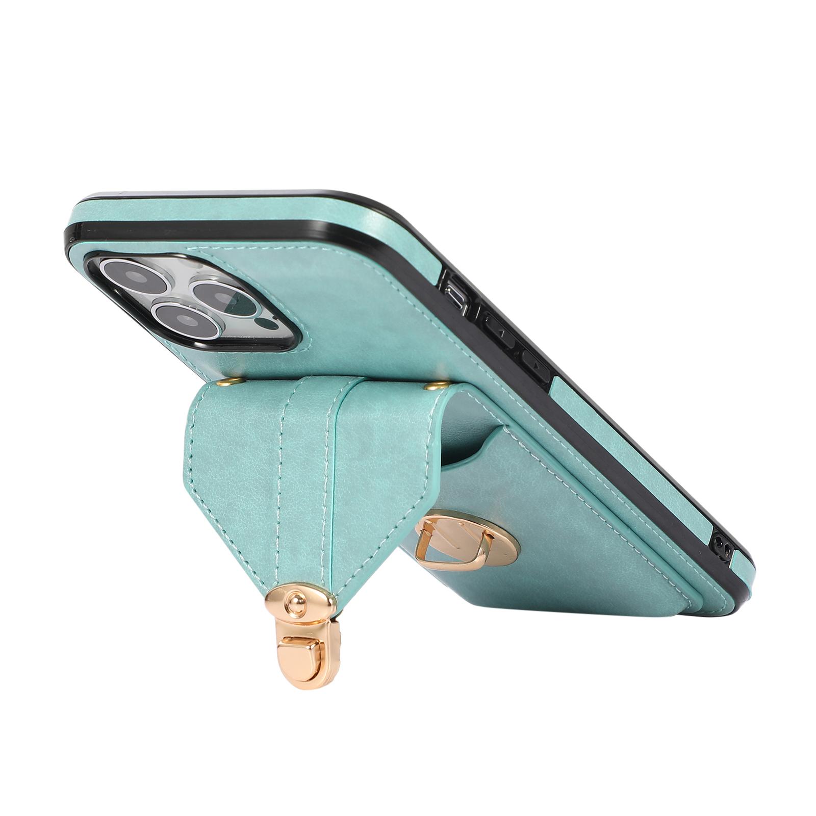 

For iPhone 16 Pro Case Card Holder Kickstand PU Leather+TPU Phone Cover with Shoulder Strap Rose Gold