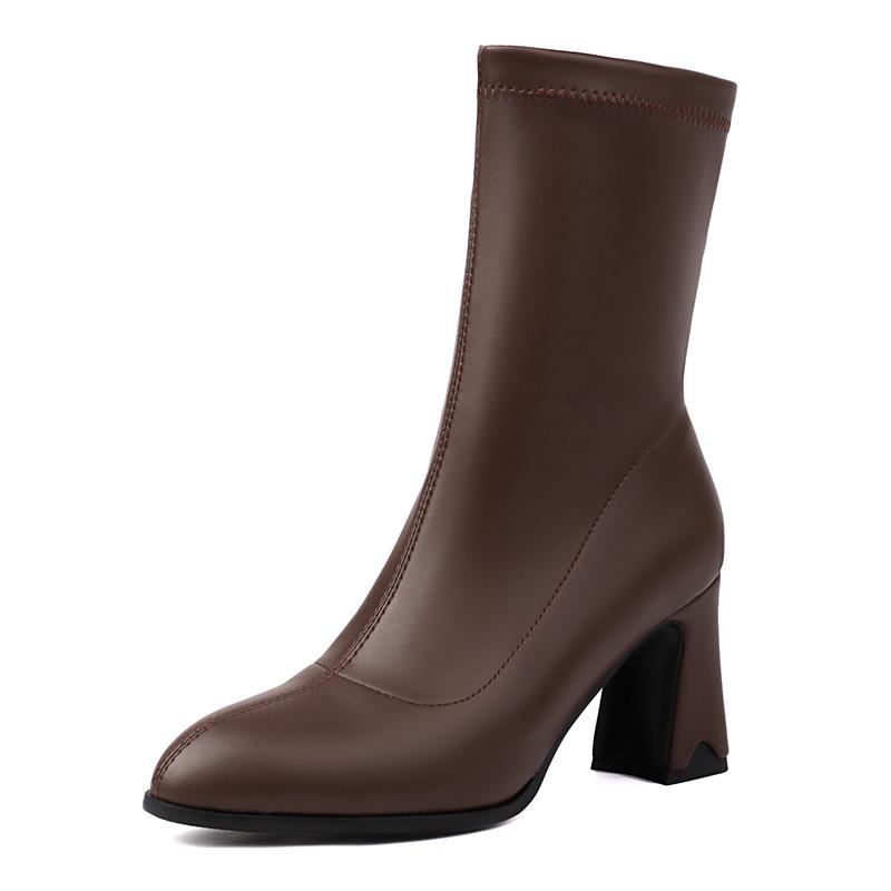 

Metallic Gold Silver Women Ankle Boots High Chunky Heels Black Dress Office Lady Winter Slip-on Stretch Pointed Toe Short Boots 46 коричневый