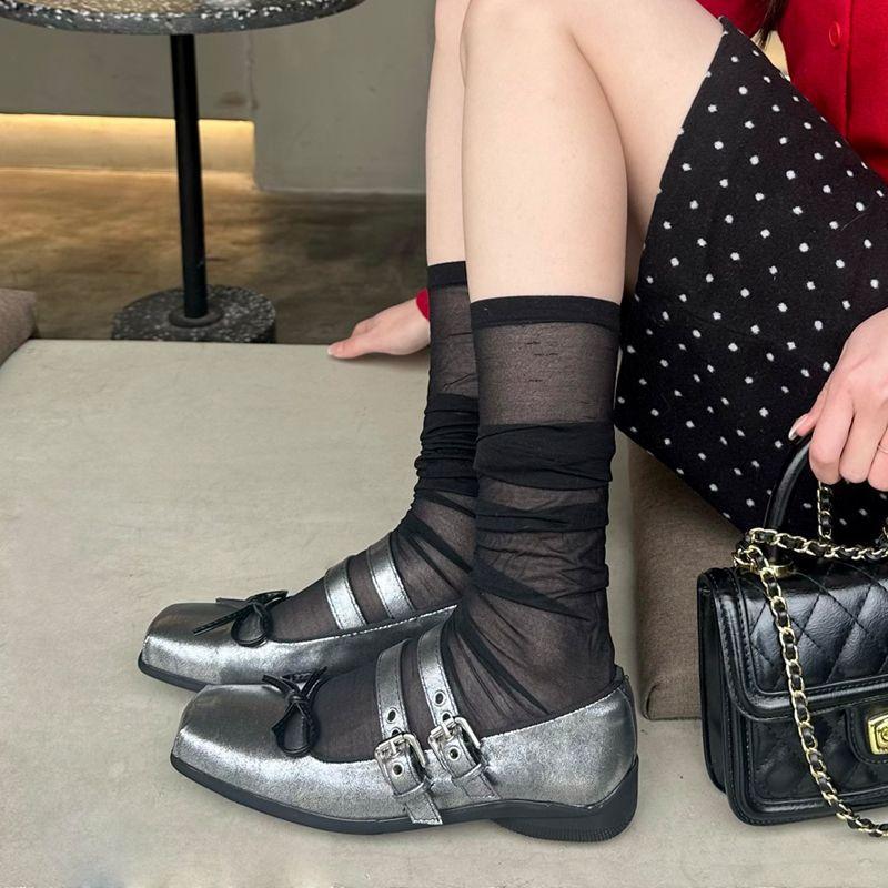 Ballet Shoes Women's 2025 New Silver One-word with Mary Jane Shoes Flat Bow Square Head Light Mouth Single Shoes