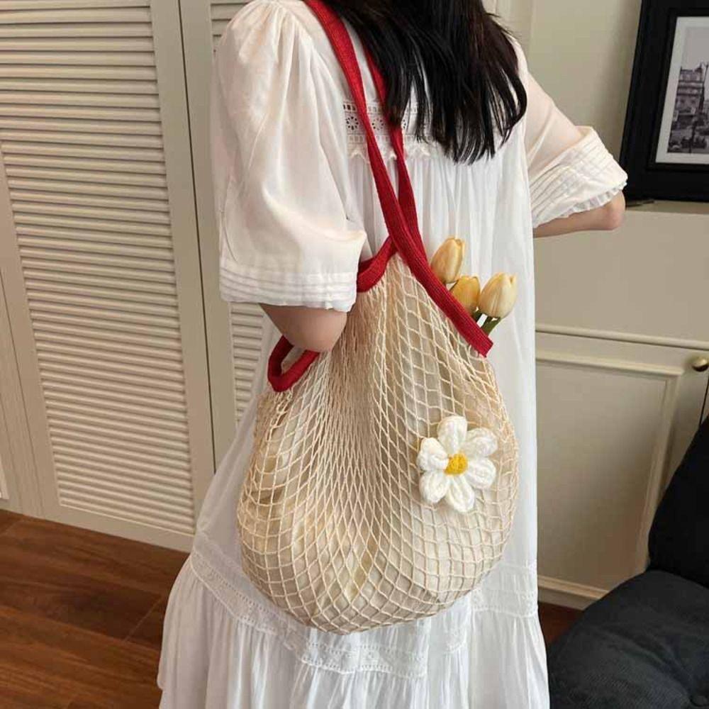 Polyester Hollow Woven Shoulder Bag Large Capacity Summer Beach Tote Bags  Clothes Storage