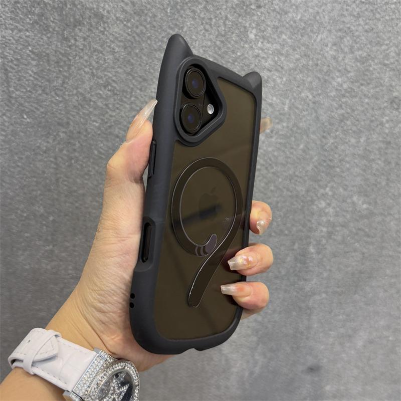 Cute Cat Ear Magsafe Case for iPhone 13 14 15 16 Pro Max 11 12 15 16 Plus Transparent PC TPU Armor Cover with Wrist Strap Chain