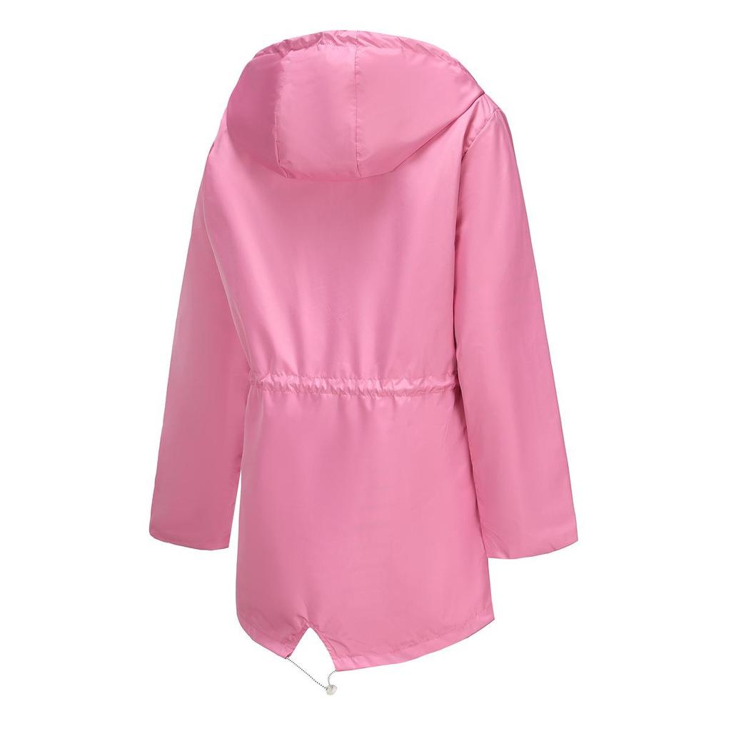 Long-sleeved Splash-proof Long Windbreaker for Women with Hood and Stripes Plus Size