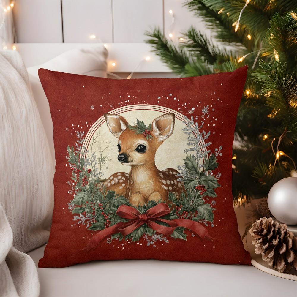 Home Decor Charming Fawn with Holly Wreath Pillow Cover Pattern Cushion Cover Suitable for Sofa Bedroom Car Pillow Cover