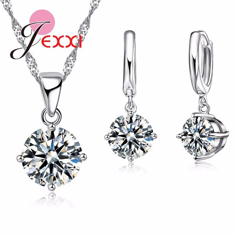 

Silver Color Needle Drop Earrings Purple Crystal Pendant Necklace Trendy Ring Jewelry Sets For Women New белый