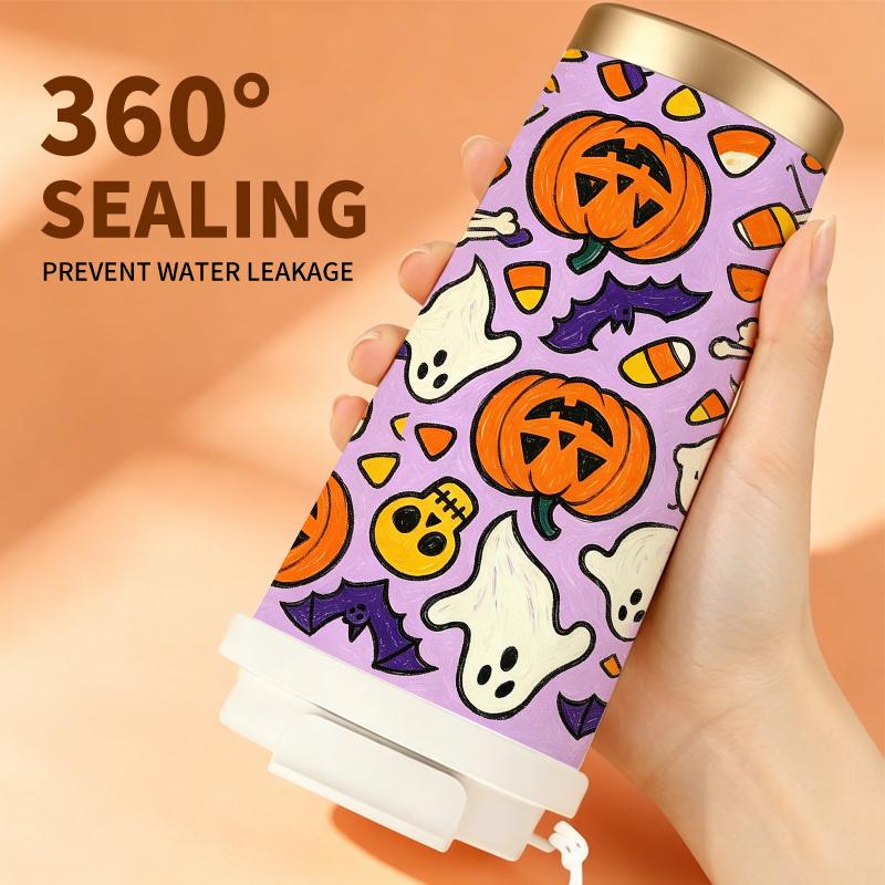 532ml Coffee Cup Halloween Pumpkin Ghost Bat Skull Candy MotifCar Portable Cup Flip Lid Coffee Cup Double Wall Insulated Cup