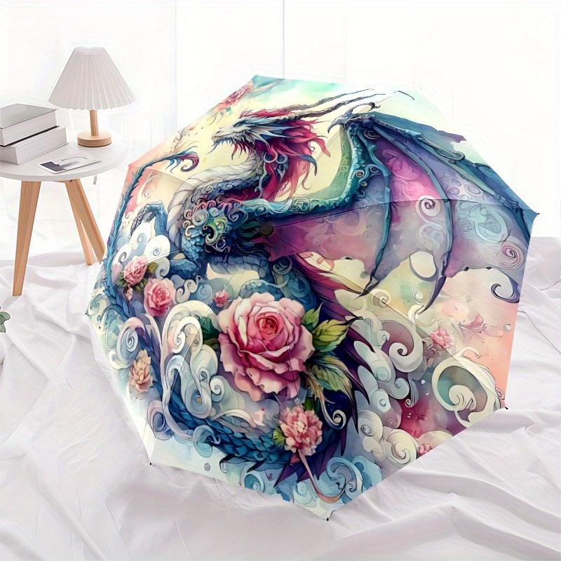 

1pc Fantasy Dragon Floral Pattern Automatic 3-Fold Umbrella, 8 Iron Frames, High-Value Folding Umbrella, Suitable for Office, Travel and Outdoor