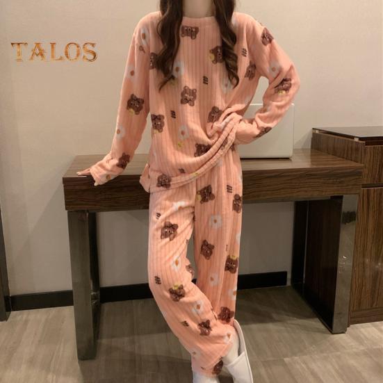Ensemble de pyjama d'hiver 2 pièces pour femme, col rond, motif ours et pêche, manches longues, polaire corail, vêtements d'intérieur, haut et pantalon, vêtements de détente amples pour femme