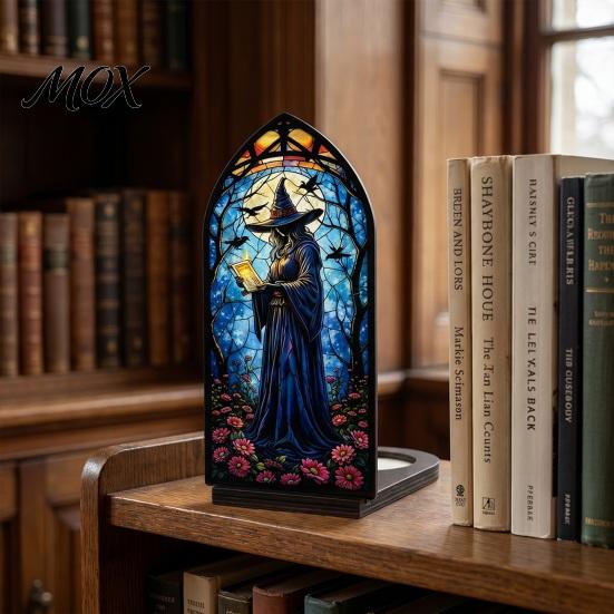 Vintage Church Window Light Halloween Candle Holder, Gothic Stained Glass Style Solid Wood Base Stand Retro Spooky Candlestick, Tabletop Atmosphere