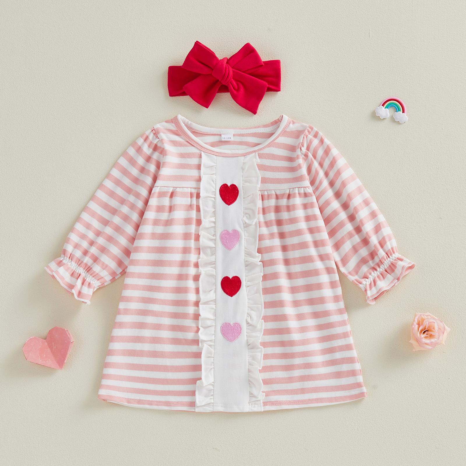 

Sisters Outfit Matching Set Long Sleeve Crew Neck Striped Embroidery Heart Romper/Dress with Headband for Valentine’s Day 12-18M