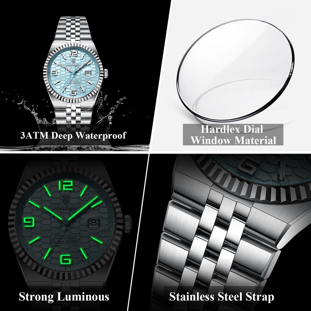Men Watches Trend Fashion Quartz Watch for Man Texture Threaded Bezel Waterproof Luminous Date Stainless Steel