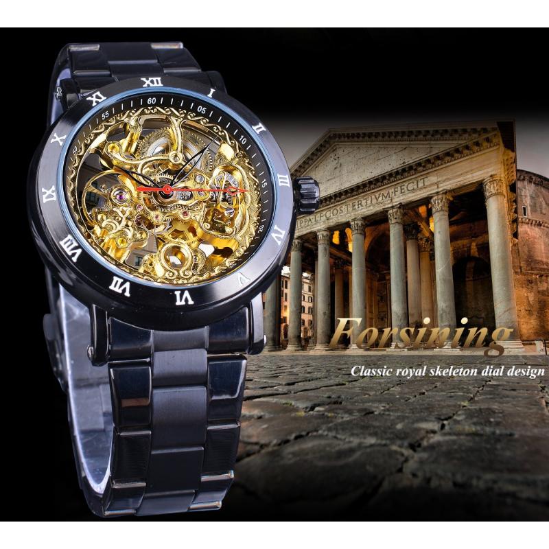 Forsining Herrenmode wasserdichte geschnitzte hohle mechanische Uhr