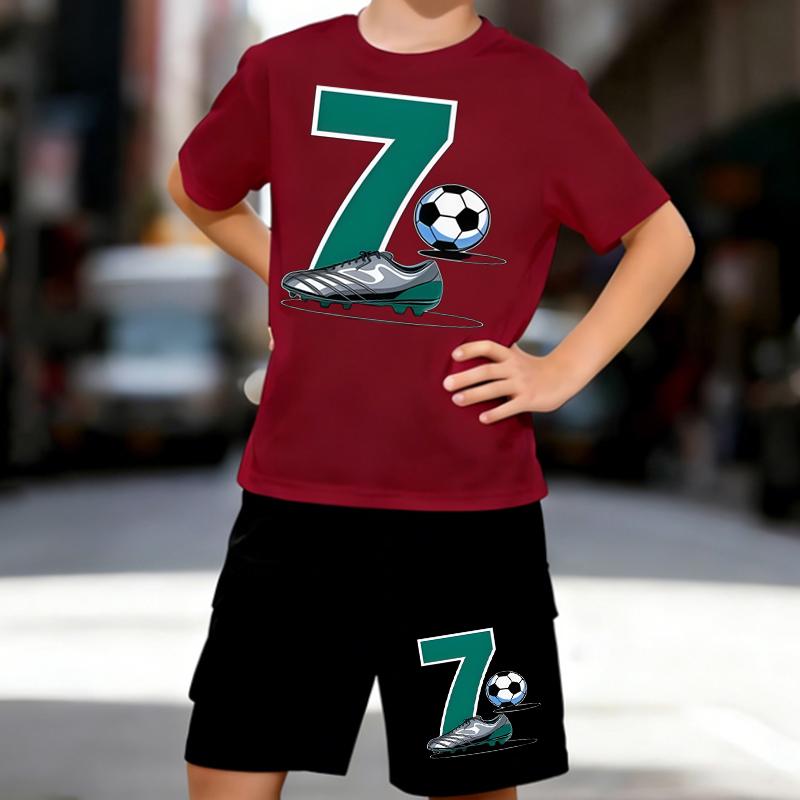 Boys 2 Piece Football-themed printed Outfit, Short Sleeve T-Shirt and Shorts Set for Kids Age 5-14, Black and White Sporty Casual Summer Clothes