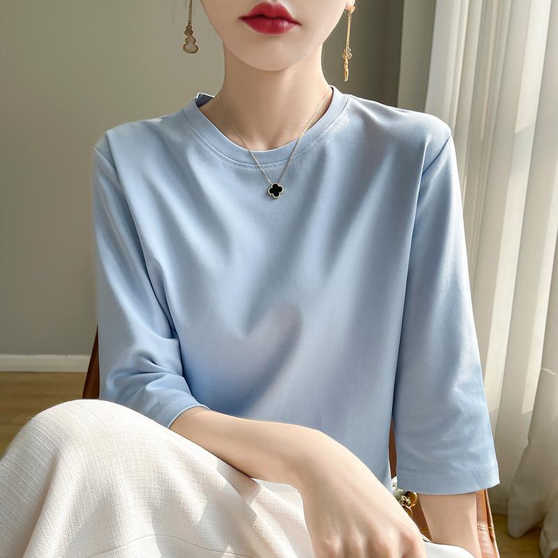 Spring Summer Women Round Neck Silky Cotton Short Sleeve T-Shirt Feminine Cotton Cropped Sleeve Bottoming Shirt