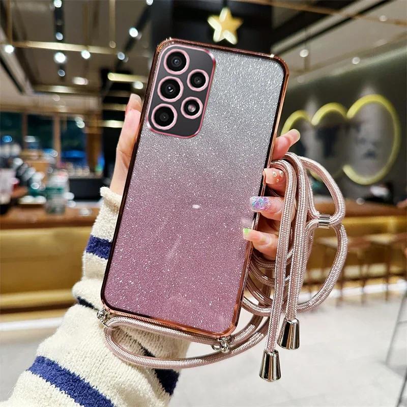 Plating Glitter Crossbody Lanyard Case For Samsung Galaxy A52 A50 A32 A22 A12 A20 A30 A31 A70 A71 A72 A21S Soft Silicone Cover