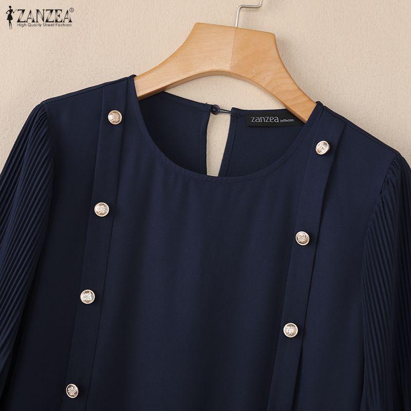 ZANZEA Women Casual Round Neck Summer 3/4 Sleeve Pleated Dress