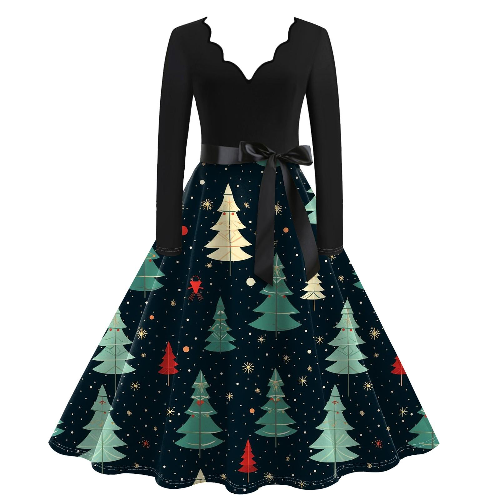 

Женское повседневное модное винтажное платье с V-образным вырезом и длинным рукавом с рождественским принтом XXXXL