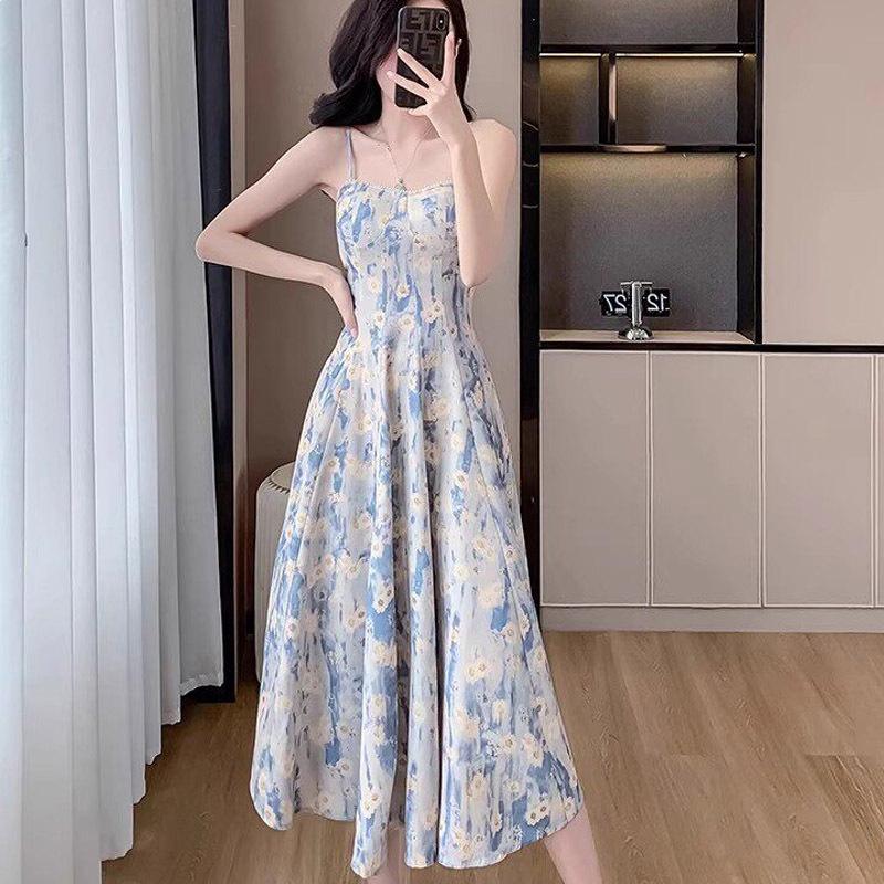 French blue floral suspender dress women's summer beads new holiday style fairy dress waist and thin temperament