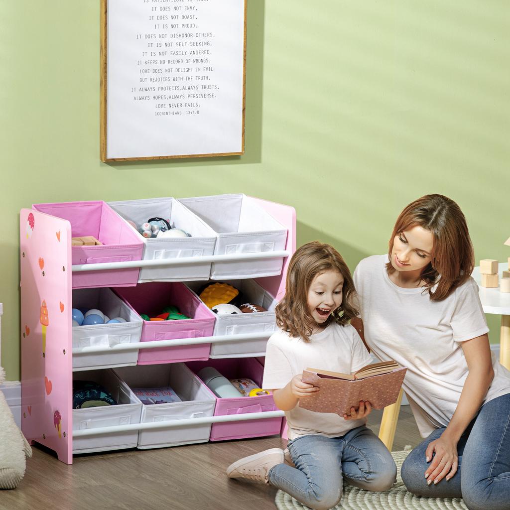 Kids Storage Rack, with Nine Removable Baskets, for Nursery, Bedroom, Playroom - Pink