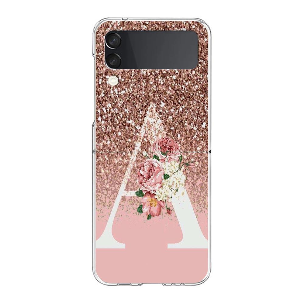 Letter Pink Shiny M R Phone Case For Samsung Galaxy Z Flip 3 4 5 Hard Folding Clear PC Bumper For Samsung Z Flip 6 Cover