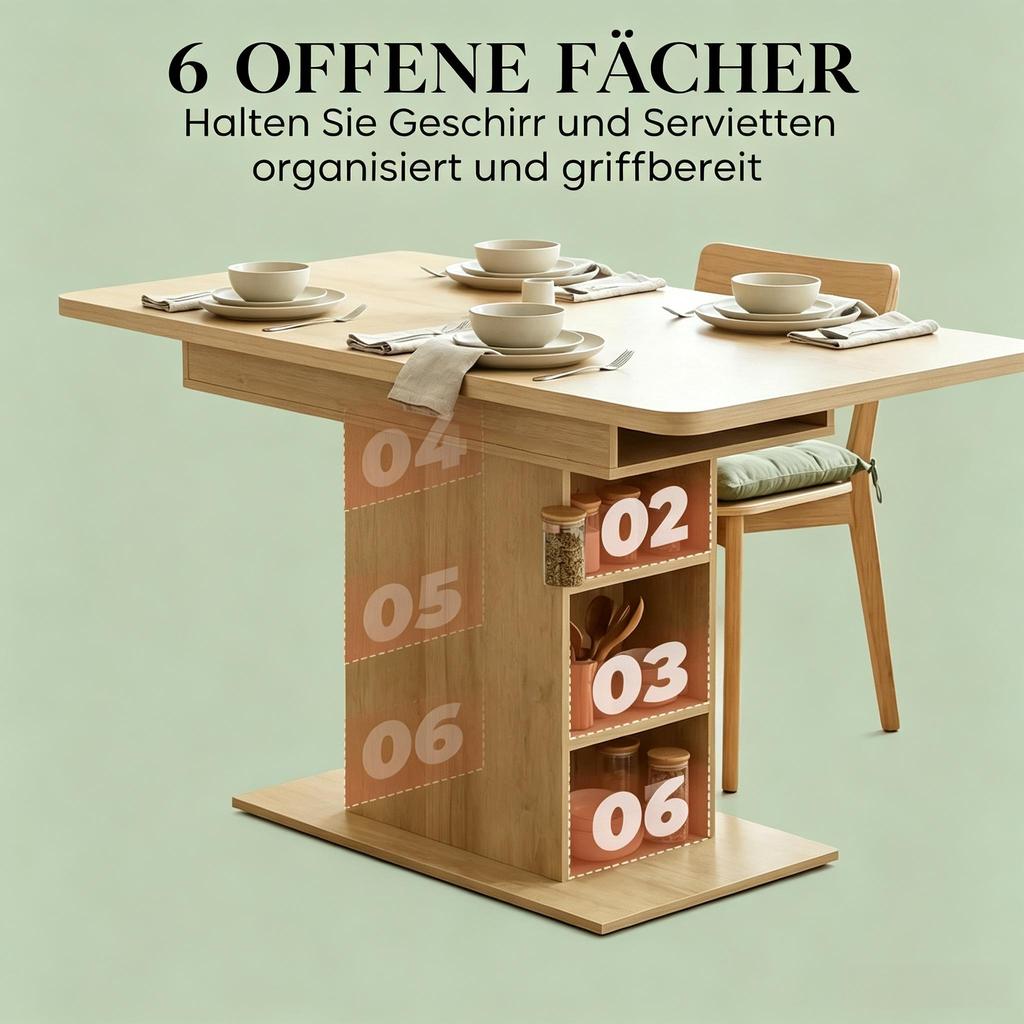 Tavolo da pranzo rettangolare allungabile per 4-6 persone, tavolo da cucina 110-130 cm, 6 ripiani a giorno