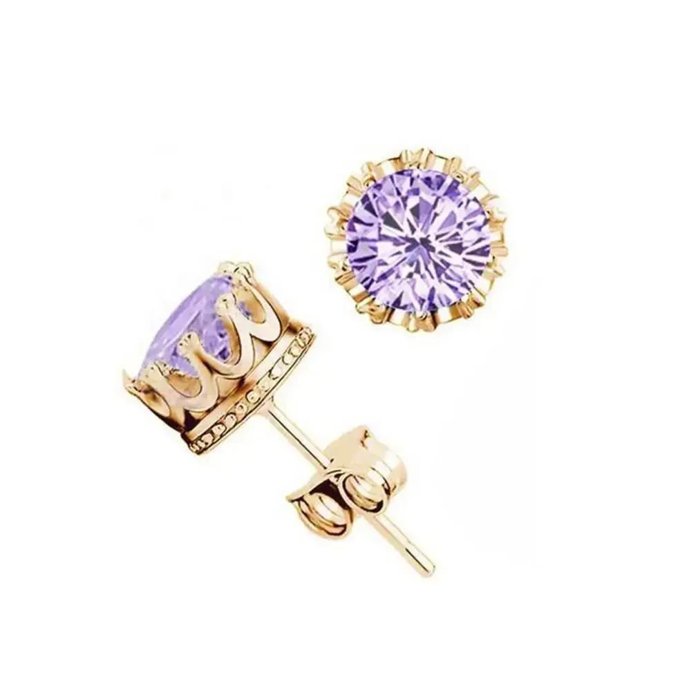 Gold Color Delicate Crown Small Stud Earrings Sparkling Round CZ Zircon Crystal for Women Men Classic Fashion Party Jewelry