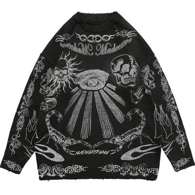 Γοτθική μόδα Harajuku Punk Rock Hip Hop Skull Dark Flame Y2KO Μακρυμάνικο Πλεκτό πουλόβερ