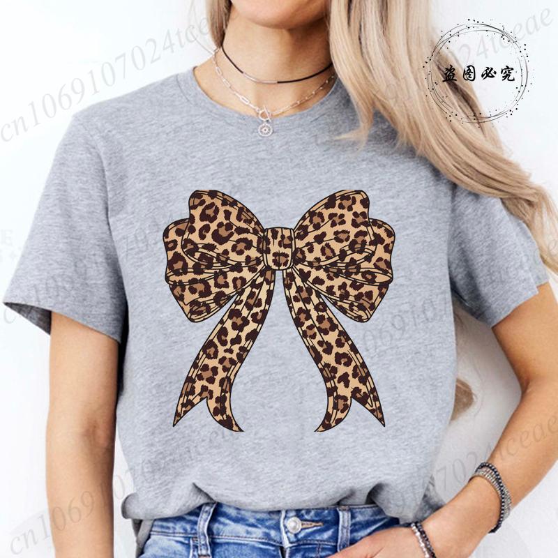 Coquette Bow Leopard Pattern Print TShirts Casual Summer Womens Short Sleeve TShirt Women Clothing Vintage Clothes Y2k Top