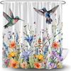 Hummingbird Shower Curtain Spring Colorful Birds Watercolor Floral Leaves Nature Garden Scenery Modern Blooming Flower Plant Fabric Curtain with Hook